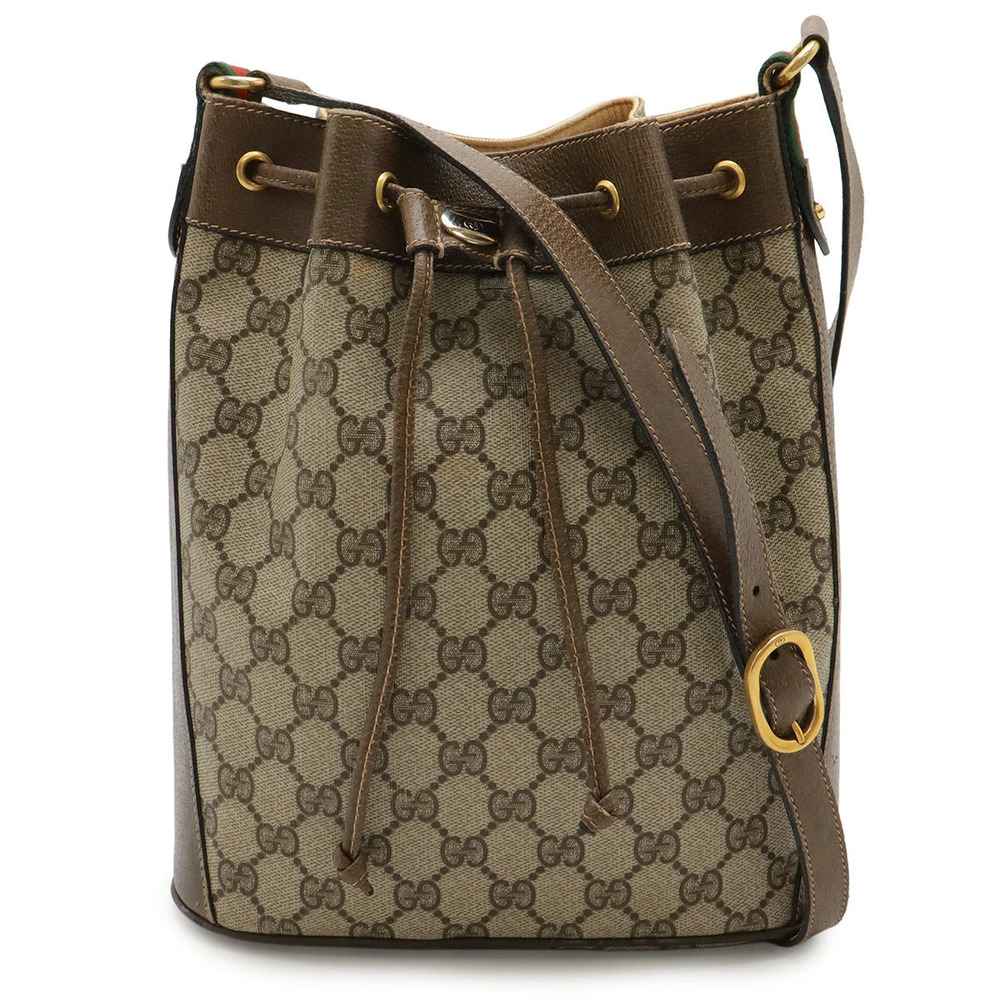 Gucci GG Plus Sherry Shoulder Bag Drawstring Leather Beige Cream Mocha Brown